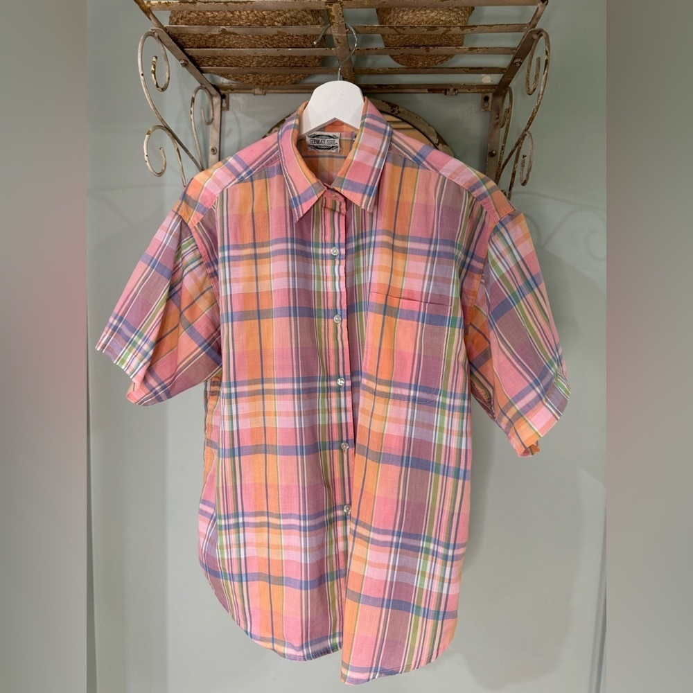 Vintage Separate Issue Short Sleeve Button Down Shirt, Pastel Pink, Blue Plaid M